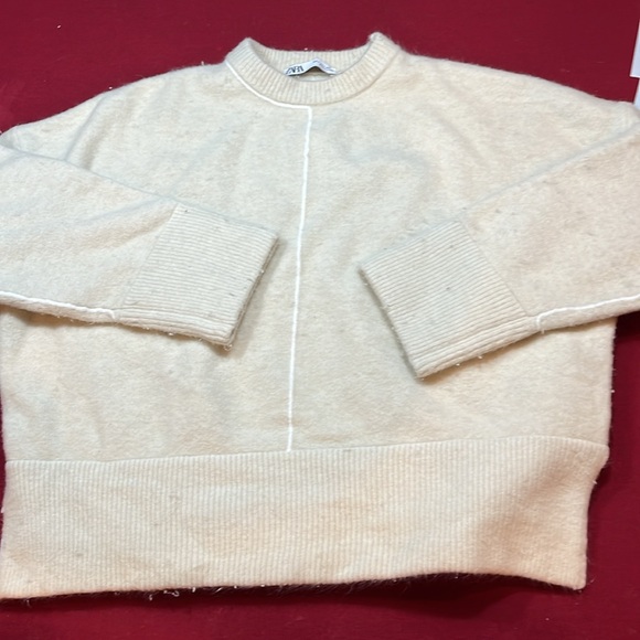 ZARA heavy soft IVORY knit SWEATER PIPING boxy slouchy wool acrylic crew neck Lg - Picture 3 of 15